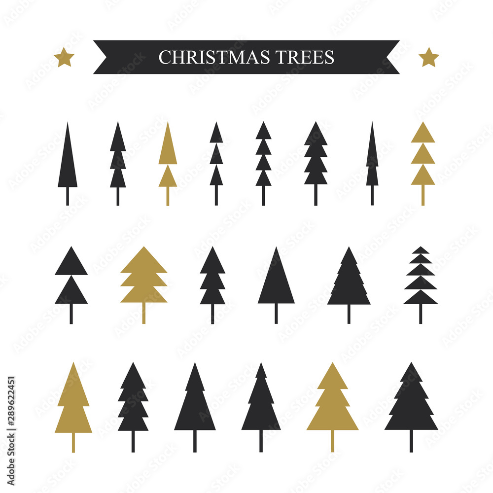 Obraz premium Set vector Christmas trees shape triangle black and gold color. Christmas trees.