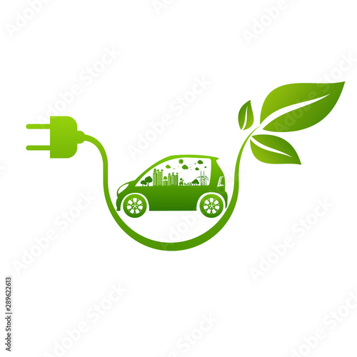 Ecology and Environmental Cityscape Concept,Car Symbol With Green Leaves Around Cities Help The World With Eco-Friendly Ideas