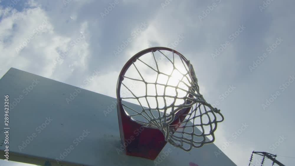 Daytime slow motion shot from underneath a basketball hoop Daytime slow motion shot from underneath a basketball hoop