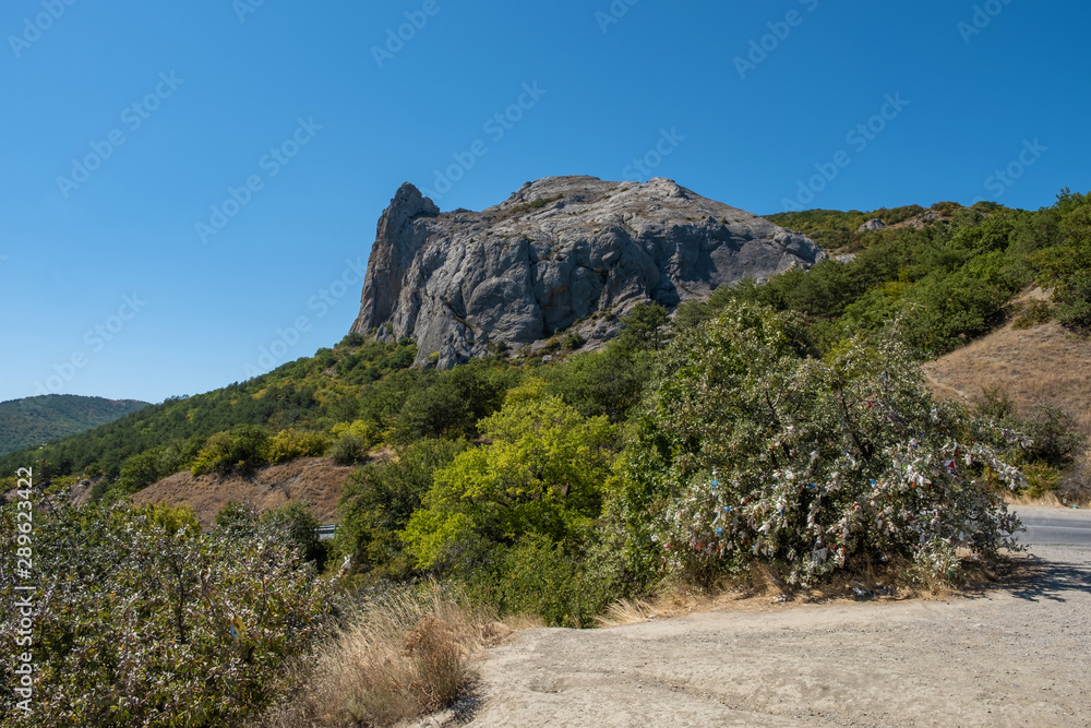 View of the rocks surrounded by green forest and bushes tied with colorful ribbons, Crimea.