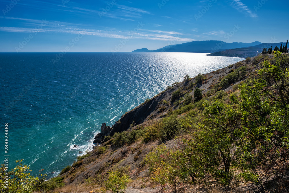 Beautiful Black Sea landscape with a steep rocky coast, Crimea.