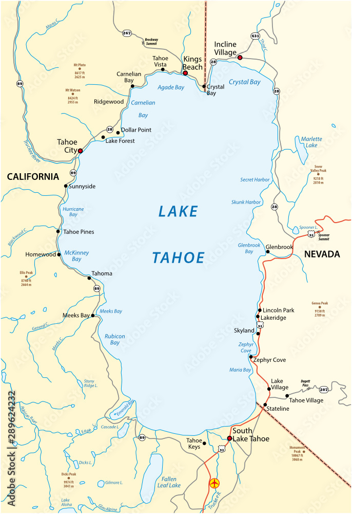 Map of Lake Tahoe, located between the US states of California and Nevada