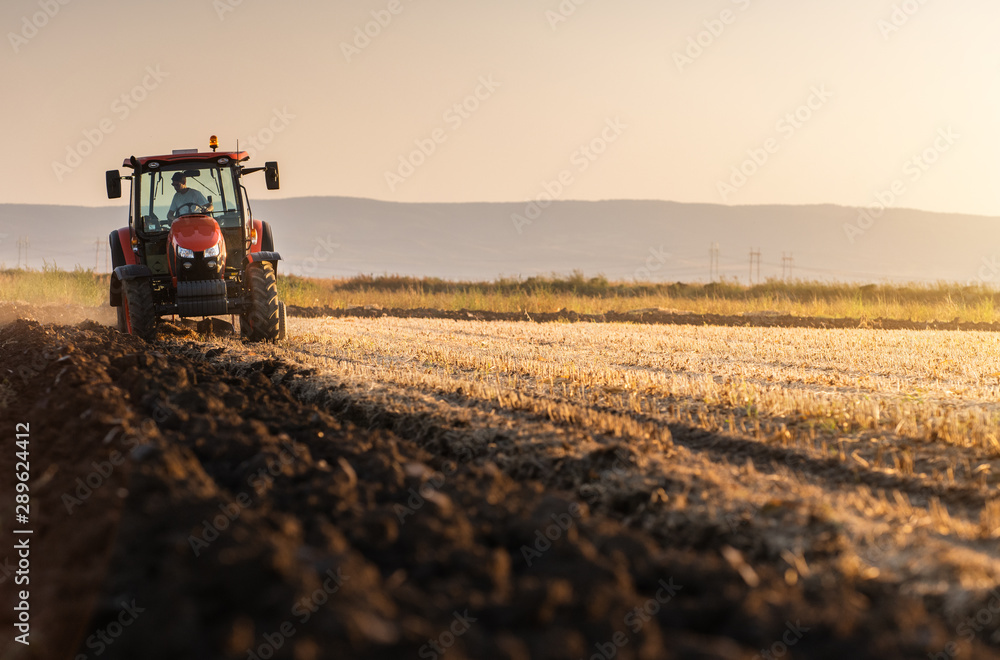 Tractor plowing fields in sunset Tractor plowing fields in sunset