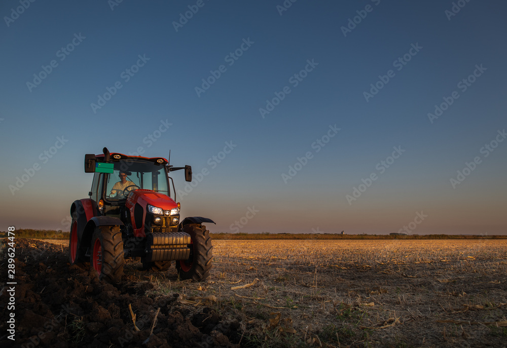 Fototapeta premium Tractor plowing fields in sunset