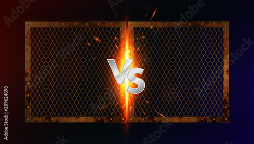 Versus battle concept. Collision of two metal frames with rust and mesh. Sparks and silver letters VS. Versus battle illustration ( Fight night, mma, boxing, wrestling) VS vector background 
