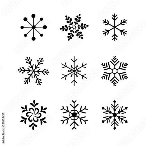 Set of black snowflakes icons in different styles. Design element for decoration Christmas card. Cartoon style. Art abstract on white background. Vector illustration.