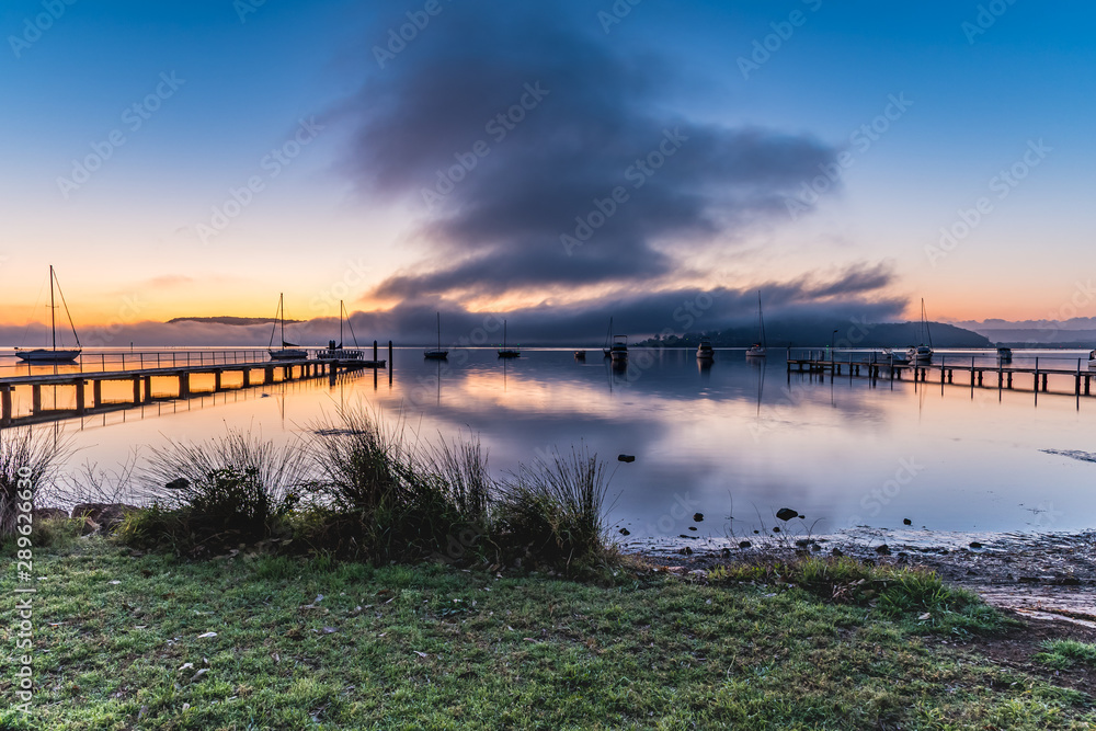 Misty Morning on the Bay with Boats Misty Morning on the Bay with Boats