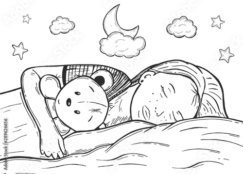 little girl sleeps and hugs a teddy bear. Vector graphics. Hand drawing.eps