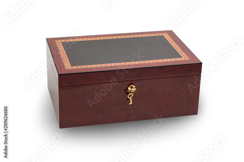 brown casket with gilded lock on white background