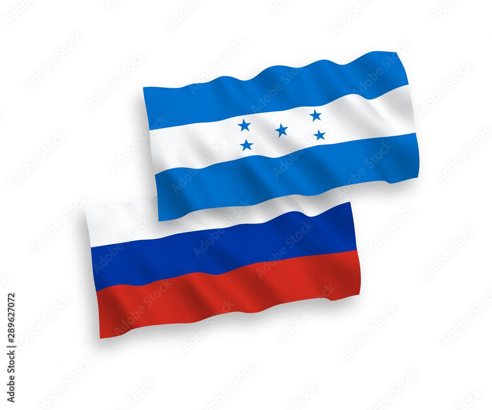 National vector fabric wave flags of Honduras and Russia isolated on white background. 1 to 2 proportion. National vector fabric wave flags of Honduras and Russia isolated on white background. 1 to 2 proportion.