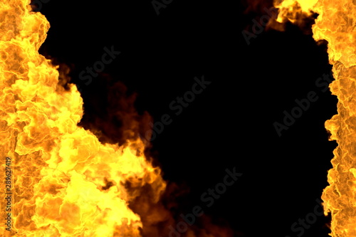 Fire 3D illustration of space glowing wild fire frame isolated on black - top and bottom are empty, fire lines from sides left and right