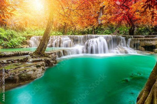 Fototapeta Naklejka Na Ścianę i Meble -  Forest in autumn with river and waterfalls. There are beautiful rivers and waterfalls in the autumn forest. Wild Autumn with beautiful rivers and waterfalls.