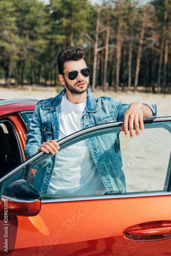 handsome man in sunglasses and denim jacket standing near car