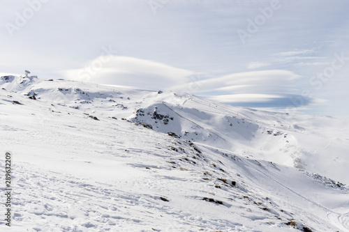 Ski resort of Sierra Nevada in winter, full of snow.