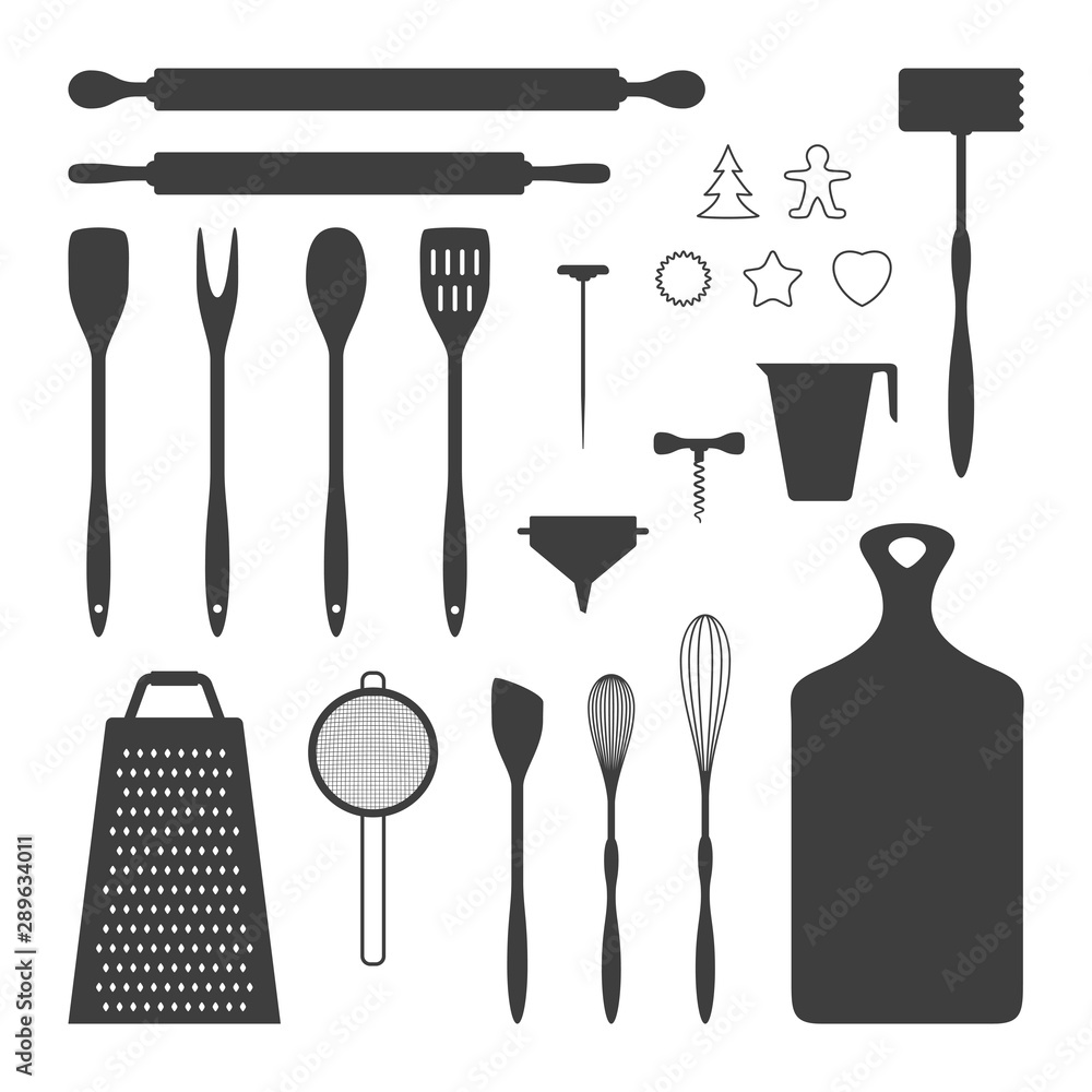 Vector illustration of kitchen utensil silhouettes collection. 22 different  kitchen tools. Fully editable set for packaging, menu design and your other  projects. Stock Vector | Adobe Stock