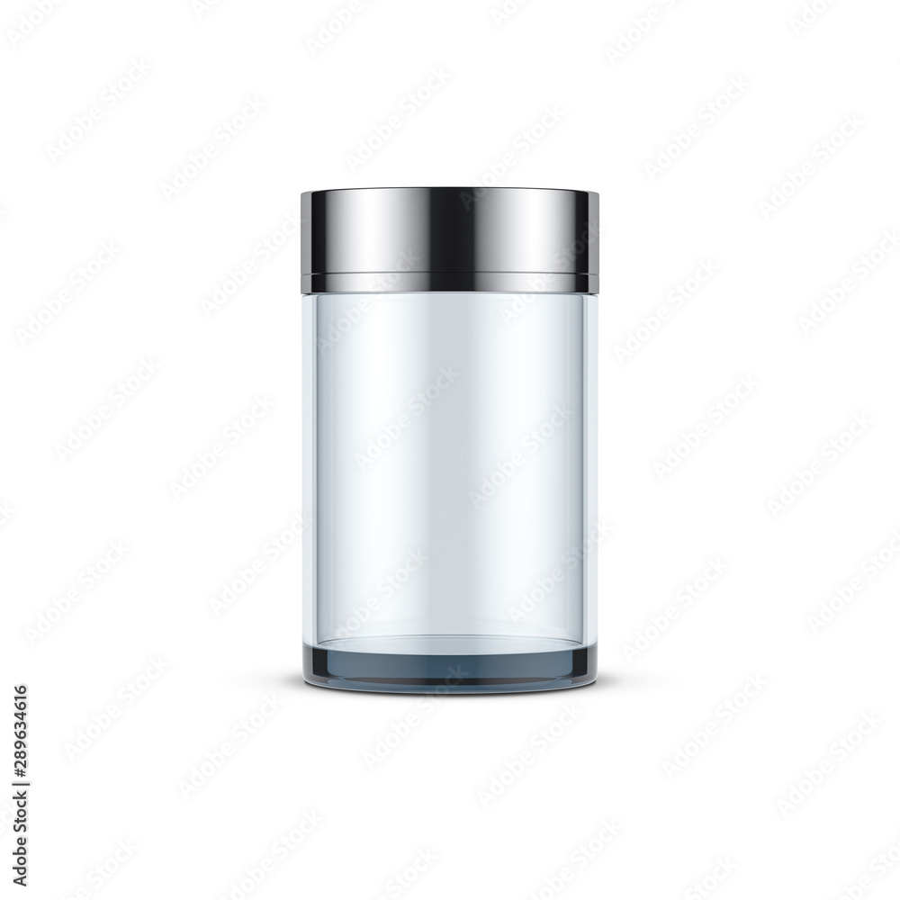 Glass cylindrical jar mockup for cosmetics with chrome cap isolated on white Glass cylindrical jar mockup for cosmetics with chrome cap isolated on white