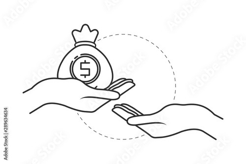 Hand giving money to another hand thin line clipart. Giving and receiving money, donation concept. 