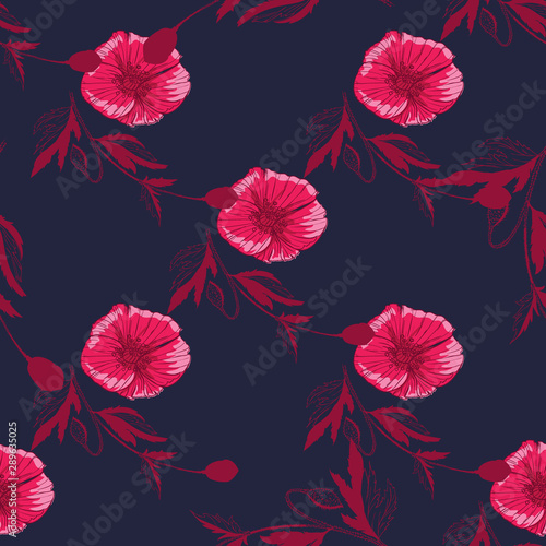 Flourish poppies pattern in line art style. Poppy flower line art. Botanical seamless vector texture. Colorful background blossoming bloomy vector. Wildflowers handcrafted artsy poppy surface design