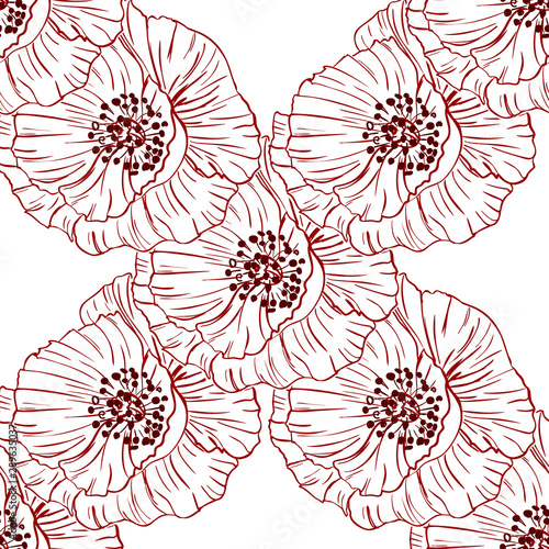 Flourish poppies pattern in line art style. Poppy flower line art. Botanical seamless vector texture. Colorful background blossoming bloomy vector. Wildflowers handcrafted artsy poppy surface design