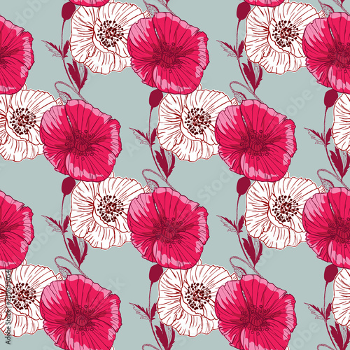 Flourish poppies pattern in line art style. Poppy flower line art. Botanical seamless vector texture. Colorful background blossoming bloomy vector. Wildflowers handcrafted artsy poppy surface design