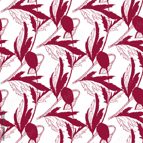 Flourish poppies pattern in line art style. Poppy flower line art. Botanical seamless vector texture. Colorful background blossoming bloomy vector. Wildflowers handcrafted artsy poppy surface design