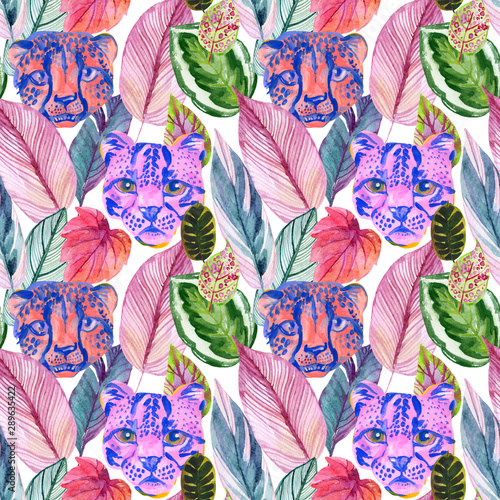 Bright watercolor tropical botanical illustration with colorful leaves and wi...