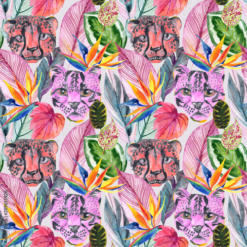 Bright watercolor tropical botanical illustration with colorful flowers, leav...