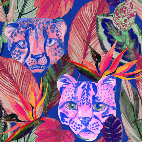 Bright watercolor tropical botanical illustration with colorful flowers, leav...