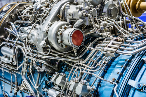 Billede på lærred Engine of fighter jet, internal structure with hydraulic