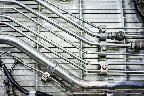 Canvas Print Fuel lines and other hardware equipment of the aviation and aerospace industries