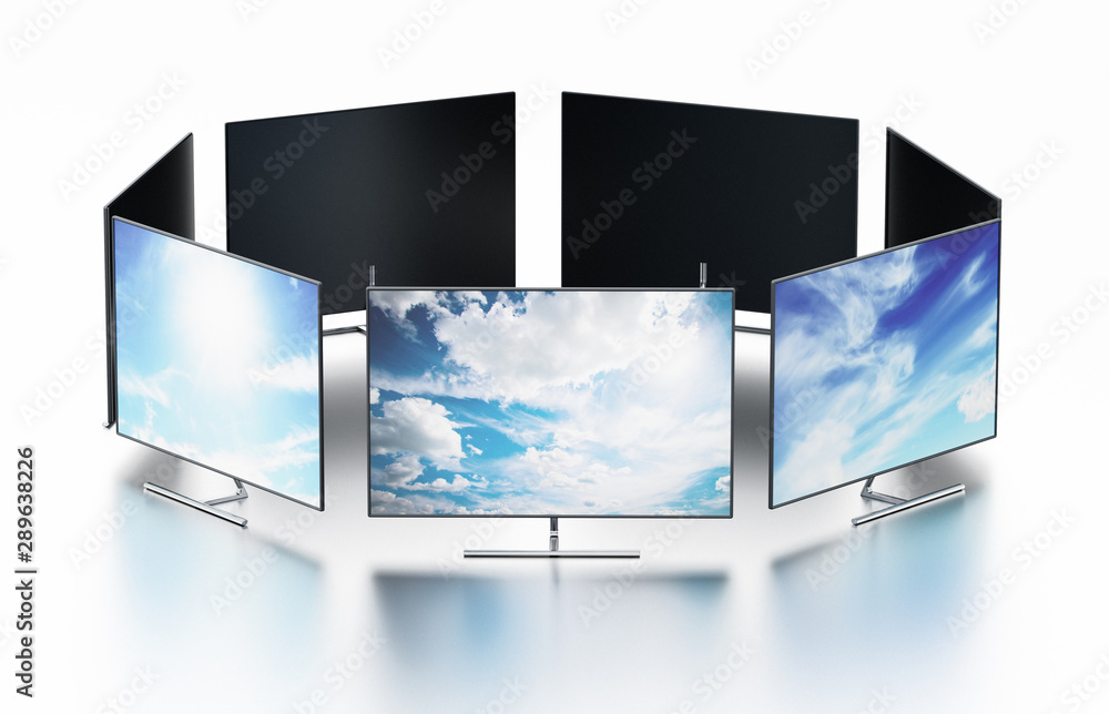 Wall of modern TV screens arranged in circular shape. 3D illustration Wall of modern TV screens arranged in circular shape. 3D illustration