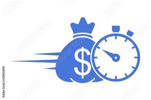 Quick and easy loan, fast money providence, business and finance services, timely payment, financial solution, blue, flat and isolated icon on white background.