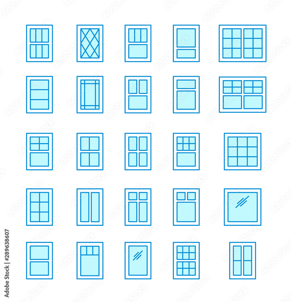 Casement & awning windows. Architecture elements. Line flat icons set. Traditional & french window frames Casement & awning windows. Architecture elements. Line flat icons set. Traditional & french window frames