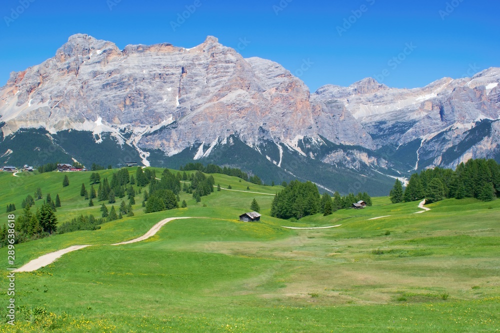 Beautiful summer mountain scenery with hiking trail. Corvara in Badia, Dolomites Italy
