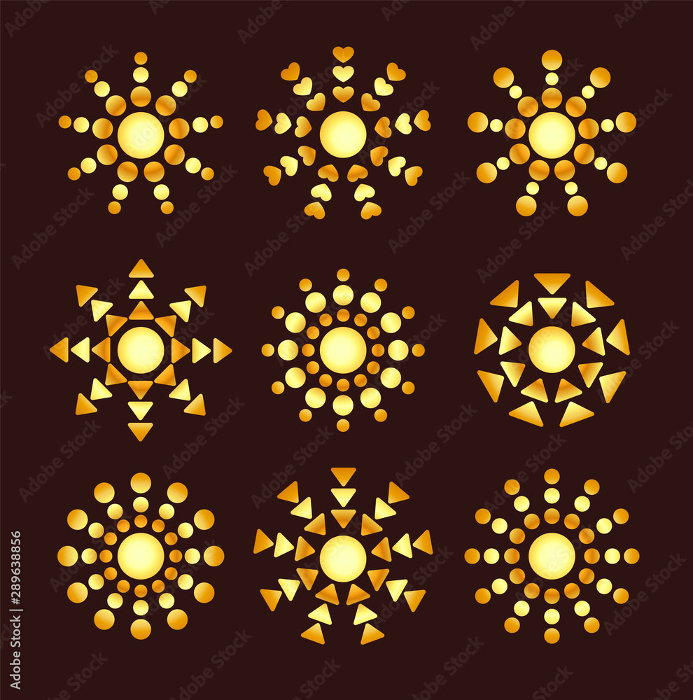 Golden ethnic sun icons with different geometric rays. Gold summer symbols with gradient. Line sunlight signs on dark background. Vector illustration Golden ethnic sun icons with different geometric rays. Gold summer symbols with gradient. Line sunlight signs on dark background. Vector illustration