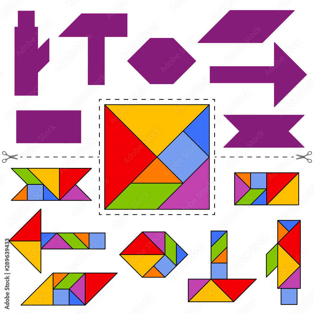 Set of vector tangram puzzles (geometric puzzle) for the development of logical thinking of children and adults. Collection of 7 geometric objects and instruments. Answer card. Vector illustration Set of vector tangram puzzles (geometric puzzle) for the development of logical thinking of children and adults. Collection of 7 geometric objects and instruments. Answer card. Vector illustration