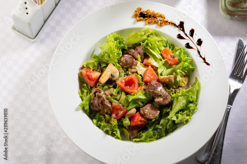 Tasty meat salad with vegetables  food close-up