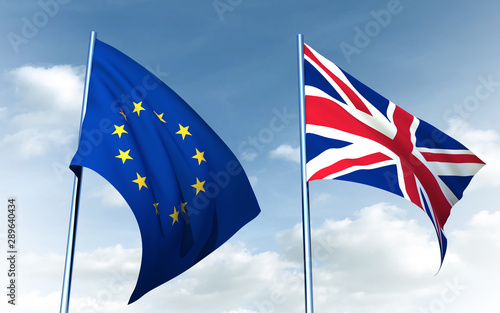 Brexit concept. British flag and EU flag on a sky background, 3d render.