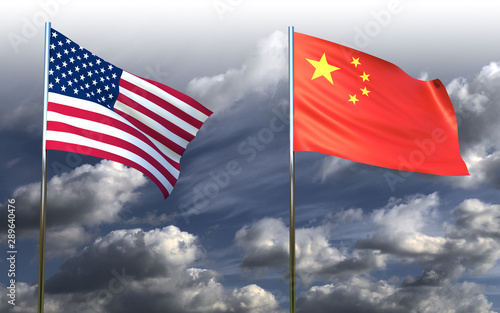 US-China trade war, China flag and US flag on dark clouds background, 3d render.