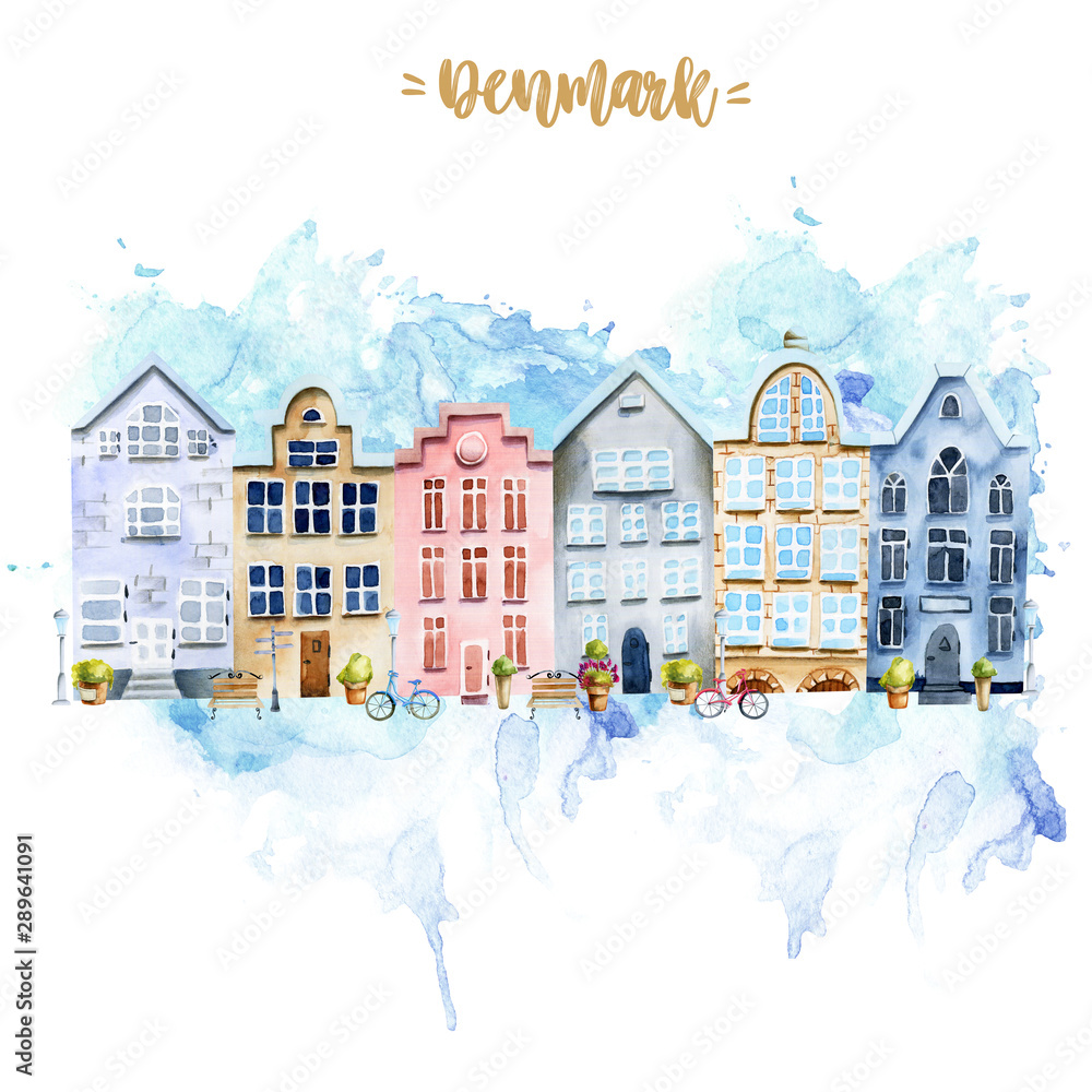 Card template with scandinavian houses, nordic architecture, hand painted on a white background and blue watercolor splashes, Denmark card design