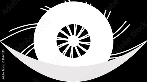Animated hypnotic eye shape with stripes expanding from the center over a black background.