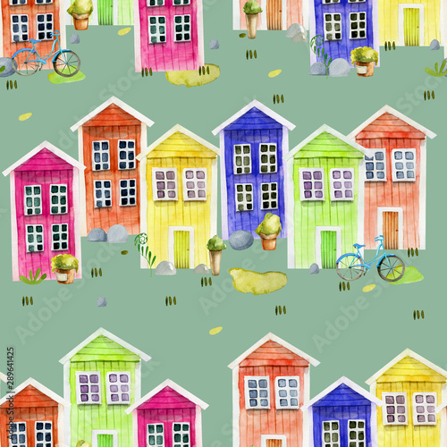 Seamless pattern of watecolor cute colorful nordic wooden houses, hand painted on a green background