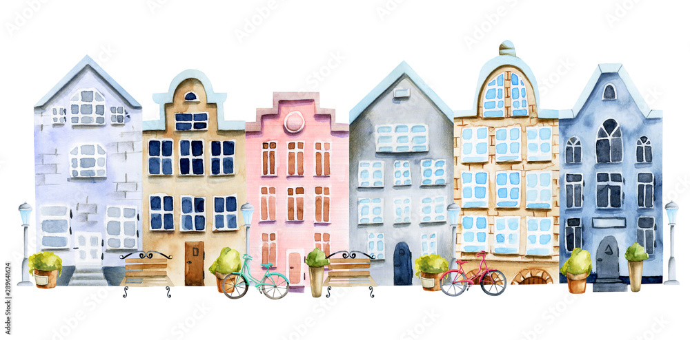 Illustration of street of watercolor scandinavian houses, nordic architecture, hand painted on a white background