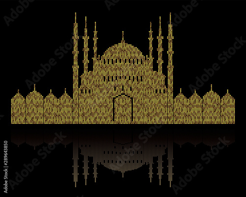 Stippled illustration of a mosque with dome and minaret