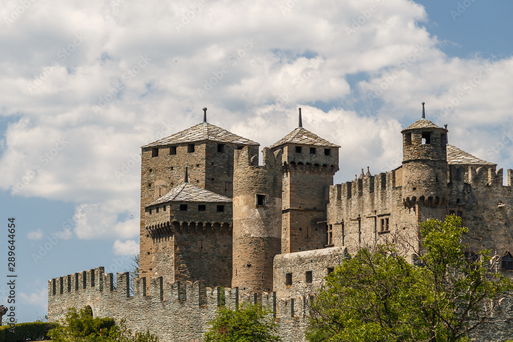 View to the medieval Fenis castle in Aosta Valley, Italy