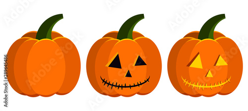 Vector flat design pumpkin halloween carving stages icon set - vegetable, carved, jack lantern with light inside.