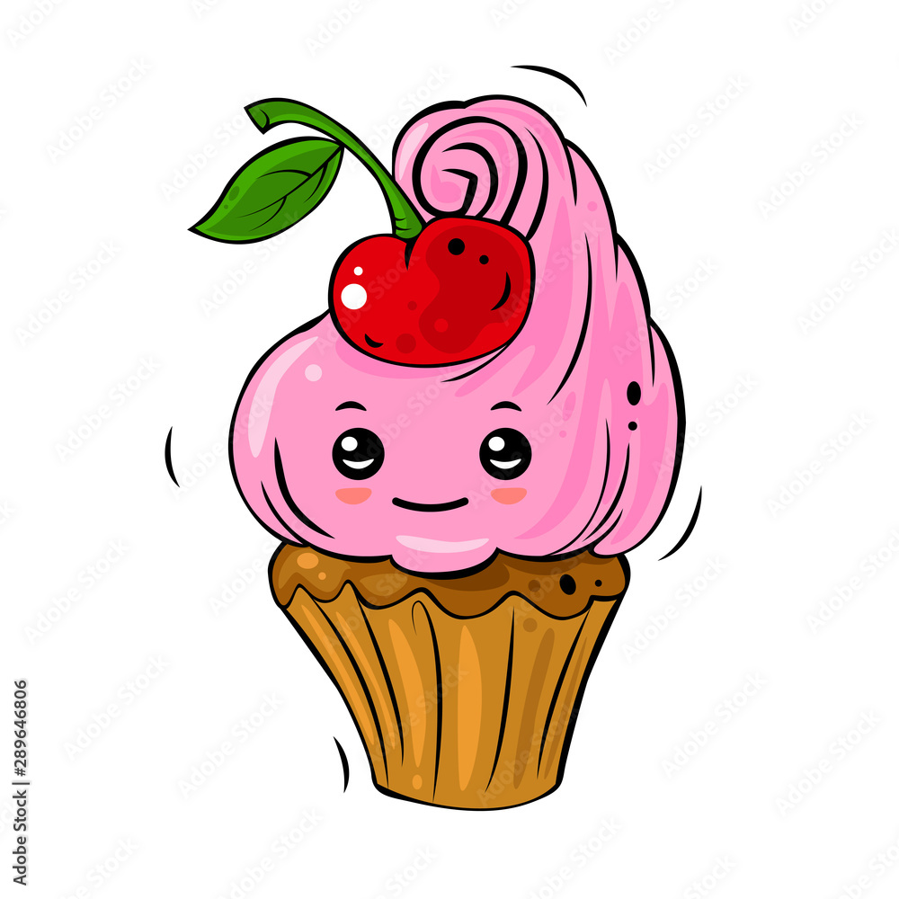 Cute cartoon cupcake with pink cream and cherry. Beautiful character for food design or kawaii illustration. Cute cartoon cupcake with pink cream and cherry. Beautiful character for food design or kawaii illustration.