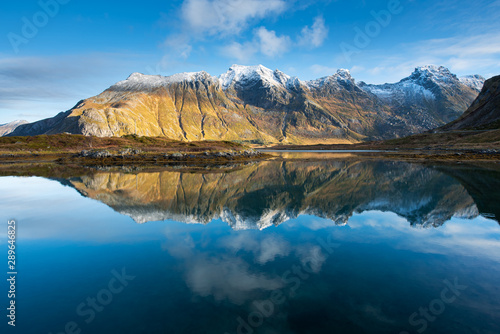 Beautiful views of the fjords with reflections in the water, Lofoten islands, Norway