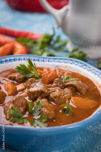 Beef goulash served in bowl