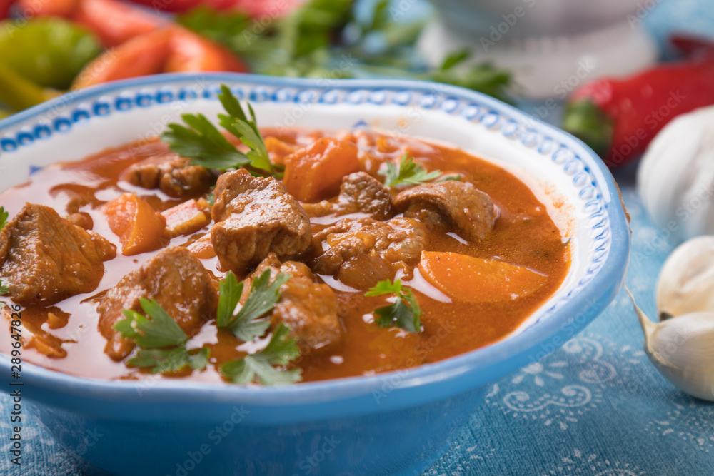 Beef goulash served in bowl Beef goulash served in bowl